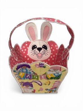 Hand Crafted Easter Basket Bunny Embroidered with Gnomes Pink White Polka Dots